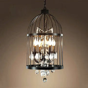 Black wrought iron crystal bird cage chandelier with candle-style bulbs and crystal droplets for dining room decorbites bird cage