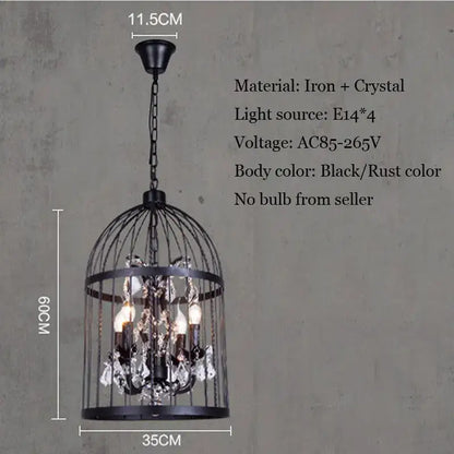 Black wrought iron bird cage chandelier with crystal droplets and four e14 sockets for dining room decorbites crystal bird