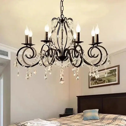 Black wrought iron crystal candle chandelier with crystal droplets and candle-style bulbs for living room lighting decorbites crystal candle