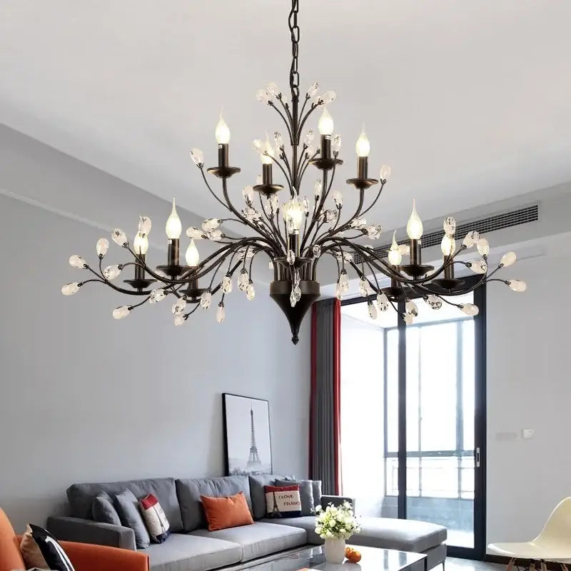 Black wrought iron crystal led chandelier with multiple candle-style bulbs for dining room decorbites crystal led lighting