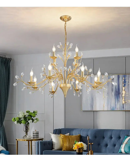 Gold-toned decorbites crystal led chandelier with crystal accents and candle-style bulbs for dining room lighting