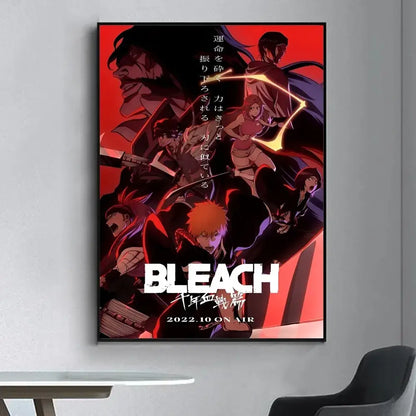 A framed bleach poster with bold red and black artwork and white lettering for vintage living room wall sticker decor