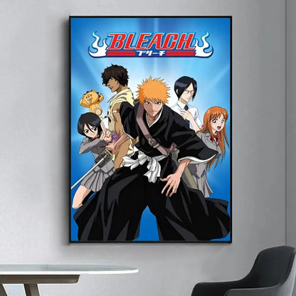 A framed bleach anime poster with main characters in dynamic poses on vibrant blue for living room decor wall sticker