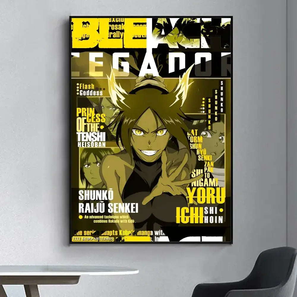 A framed bleach poster featuring a spiky brown-haired anime character with glowing eyes for vintage living room decor