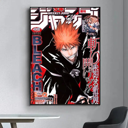 Vibrant red and black bleach poster printed on glossy canvas featuring ichigo kurosaki for living room wall sticker decor