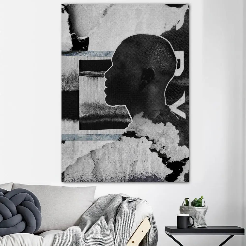 Black-and-white abstract portrait poster prints featuring a stylized man’s profile for modern home decor by decorbites oceans poster prints
