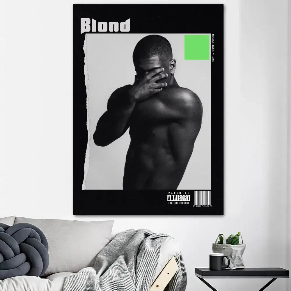 Black and white framed poster prints for home decor featuring a man covering his face with blond and parental advisory label