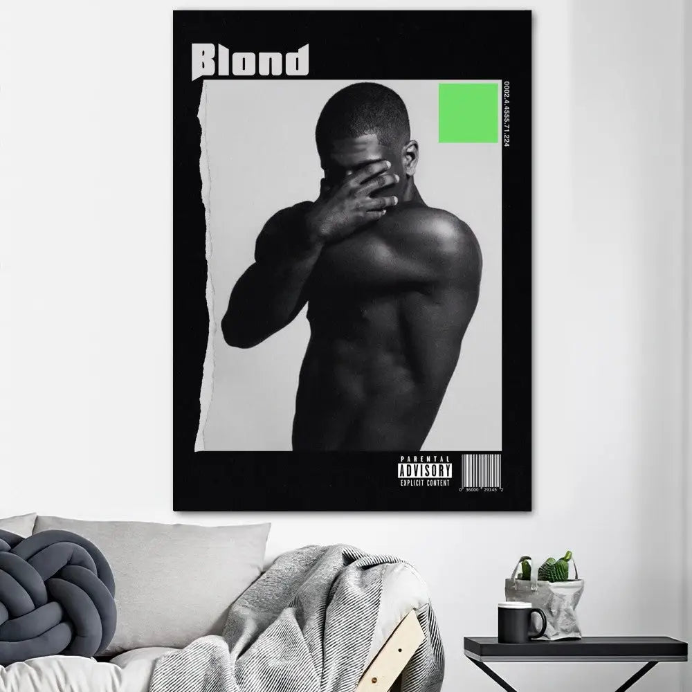 Black and white DecorBites™ blond ocean poster print with man covering face and green square for home decor