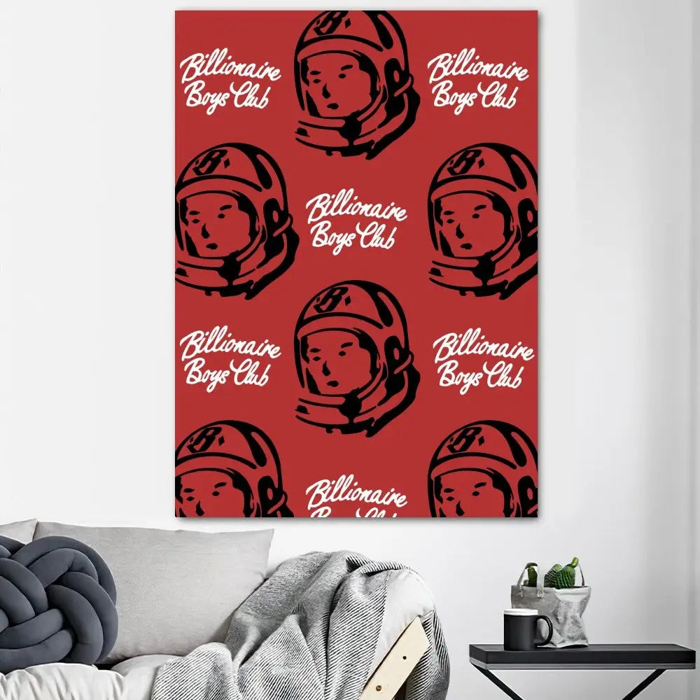 Red canvas poster prints featuring black astronaut helmets and billionaire boys club text for home decor