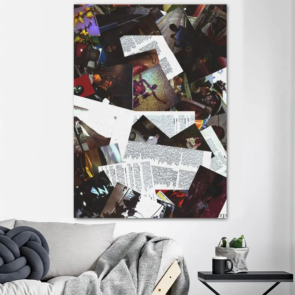 A vibrant blonde oceans poster print collage canvas with layered photographs and text for modern home decor