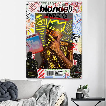 Vibrant graffiti-style blonde album poster print in ocean tones for unique home decor by decorbites