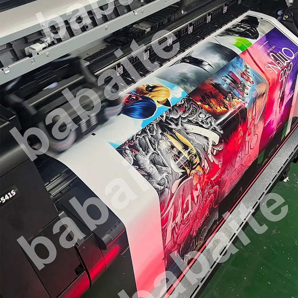 A vibrant blonde ocean poster print from DecorBites being produced on a wide-format printer for home decor
