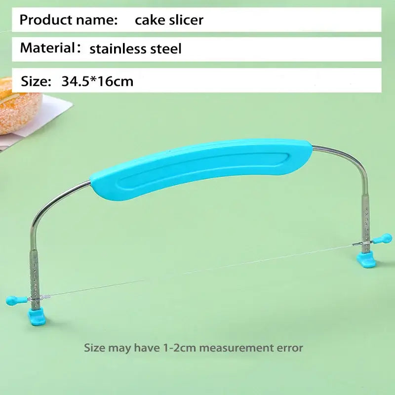 Blue adjustable stainless steel cake slicer with plastic handle wire baking tool by decorbites for precise slicing
