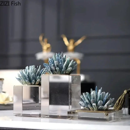 Blue agate stone crystal sculpture featuring blue crystalline succulent decor in mirrored acrylic cube planters for living room