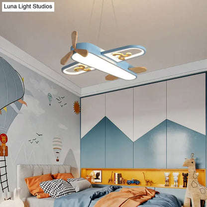 Blue airplane led chandelier bedroom light with wooden propellers and remote control stepless dimming perfect addition