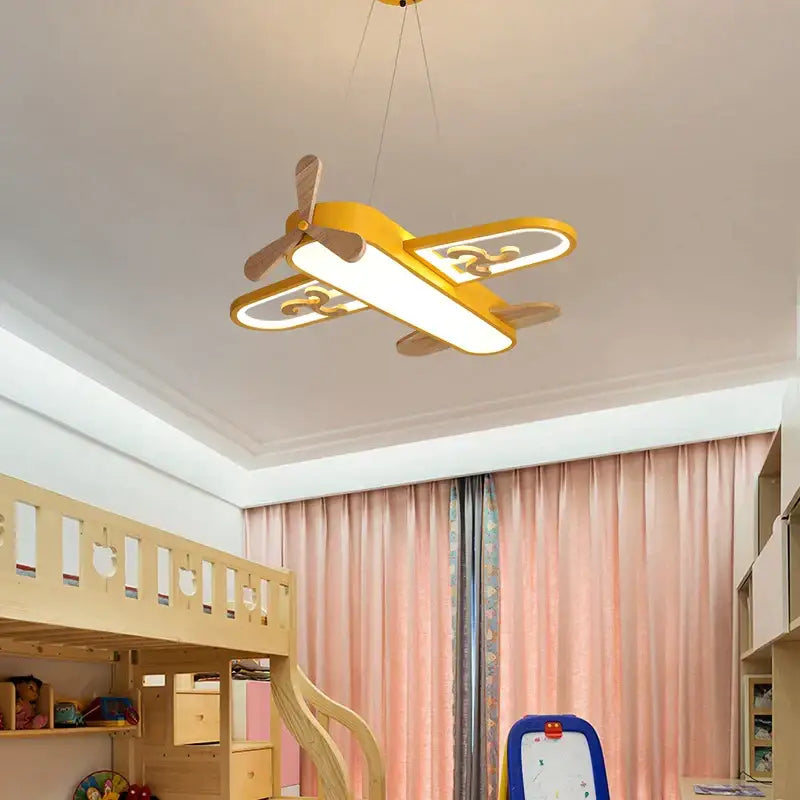 Yellow airplane-shaped pendant ceiling light with wooden propeller and wings modern decorbites led wood design