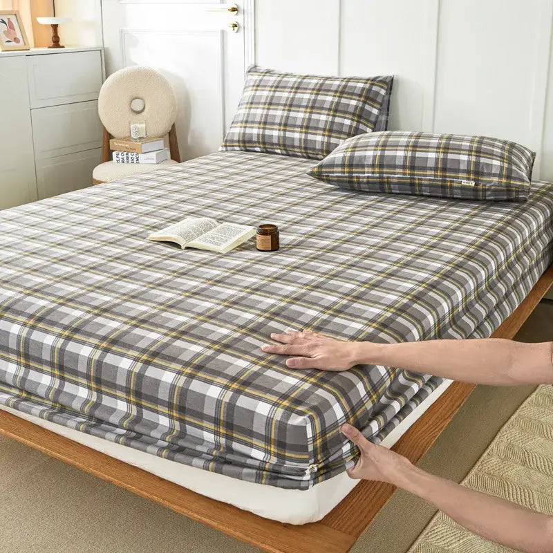Gray and yellow plaid fitted sheet with matching pillowcases made of soft decorbites coarse cotton queen fabric