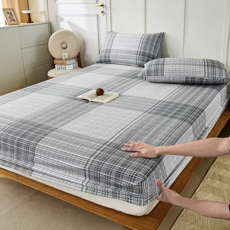 Blue and beige checkered coarse cotton queen fitted sheet with gray and white plaid soft breathable fabric finish