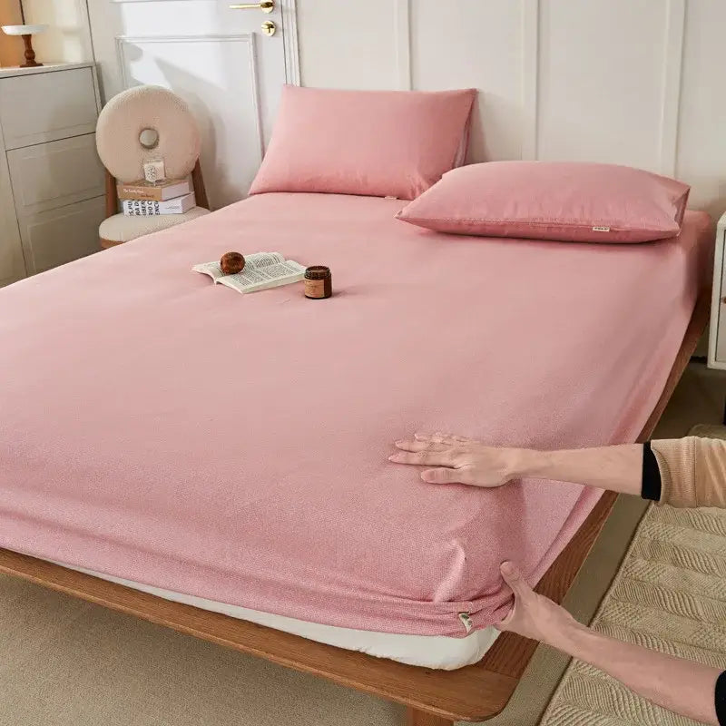 Soft pink textured bed sheet with matching pillows complements decorbites coarse cotton queen fitted sheet bedroom decor