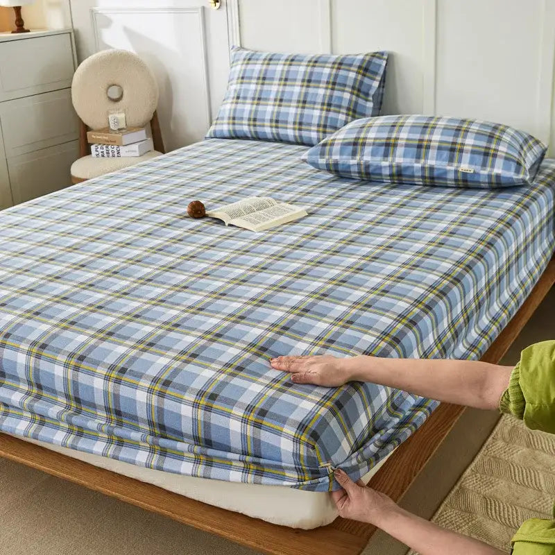 Blue and green plaid fitted sheet with matching pillowcases made of decorbites coarse cotton queen fabric for bedroom use