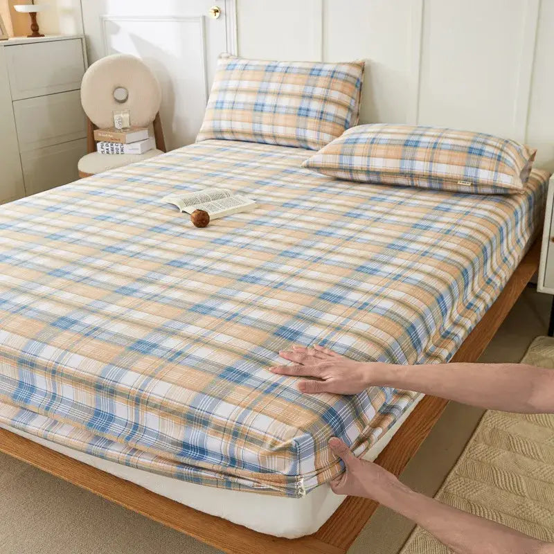 Blue and beige checkered coarse cotton queen fitted sheet with matching pillowcases made of soft coarse cotton fabric