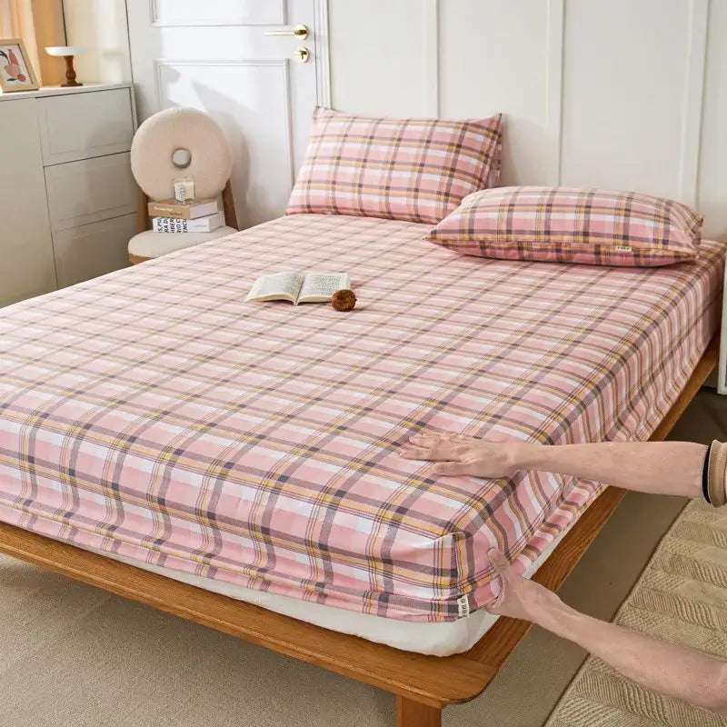 Pink plaid fitted sheet with soft woven texture and subtle yellow and brown stripes decorbites coarse cotton queen