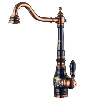 Antique brass and black enamel decorbites brass porcelain kitchen faucet with ornate gold detailing and chrome swivel mixer