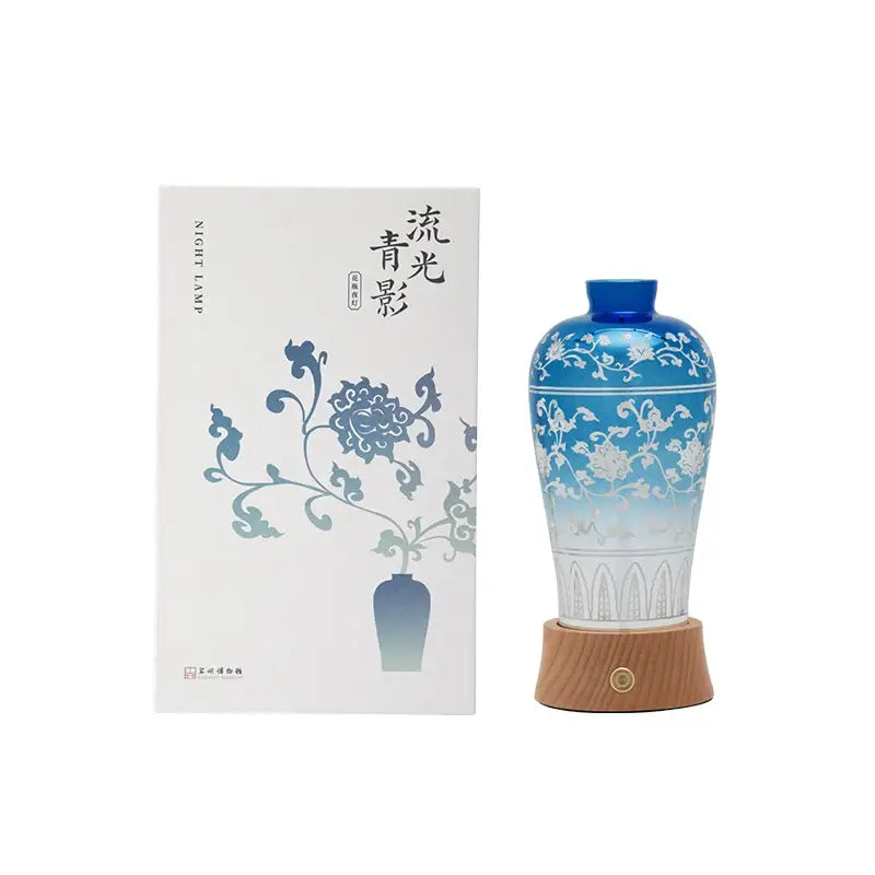 Blue and gold ceramic vase night light table lamp with white floral patterns and wooden base decorbites liuguang qingying