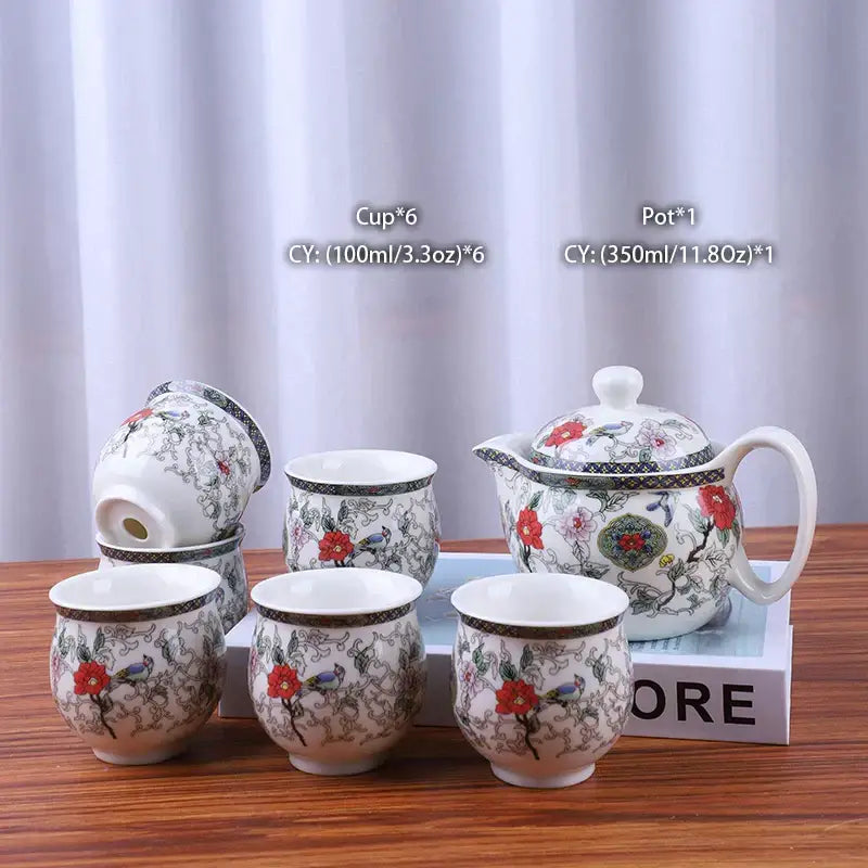 White porcelain tea set with intricate red green and black floral bird designs matching decorbites dragon teapot tea set