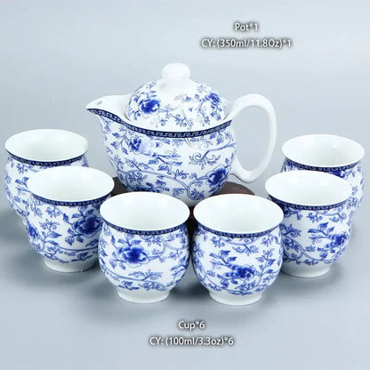Blue and white porcelain tea set with floral patterns complementing decorbites dragon teapot tea in ceramic dining room use