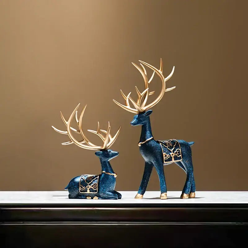Blue and gold elk reindeer decorbites deer figurine set in resin with decorative harnesses for living room decor