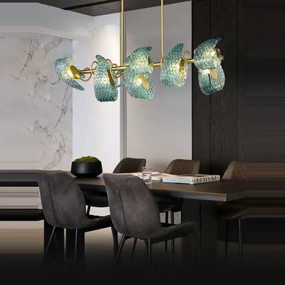 Blue and gold petal glass led copper pendant light with five teal leaf-shaped shades for dining room decorbites g9 led