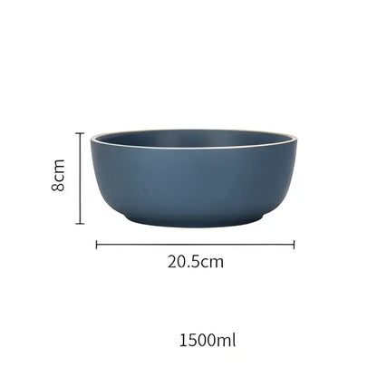 A sleek navy blue decorbites ceramic morandi bowl with white rim gold trim 8cm height 20.5cm diameter 1500ml capacity