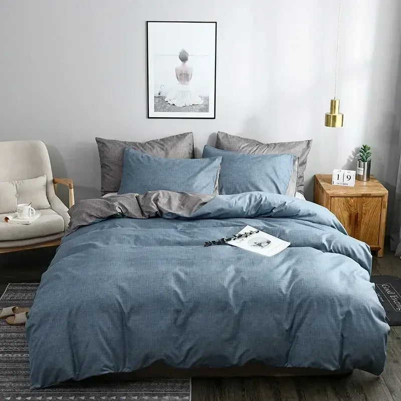Blue denim textured duvet cover set with matching pillows and subtle gray accent pillow for bedroom bedding