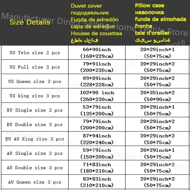 Blue and gray grain pattern duvet cover set size chart showing dimensions in us and international standards
