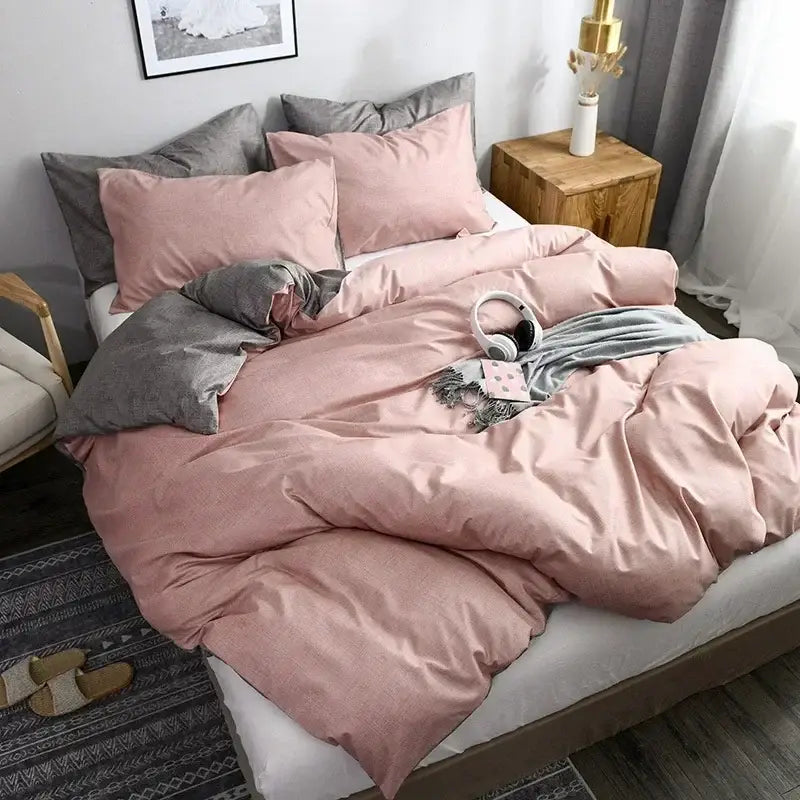 Blue and gray grain pattern duvet cover set with soft pink and gray textured fabric for bedroom bedding