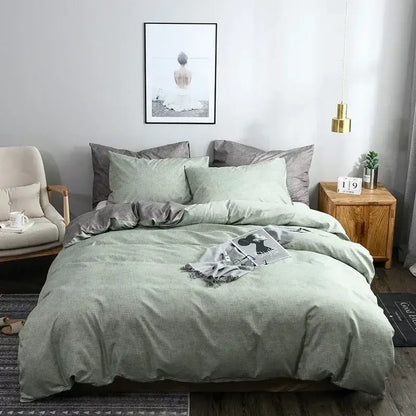Soft sage green linen duvet cover set with subtle textured weave in blue and gray grain pattern bedroom bedding