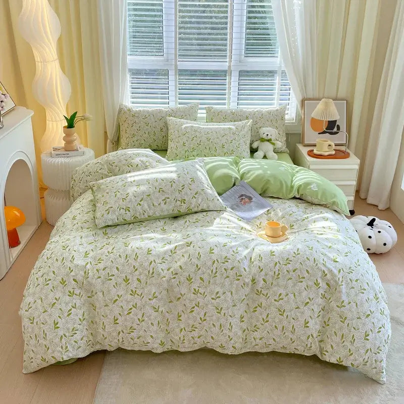 Blue and gray striped cotton single duvet cover with soft light green and white leaf-patterned decorbites cotton single bedding