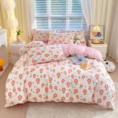 Blue and gray striped cotton single duvet cover with pink and white floral embroidered details decorbites cotton single