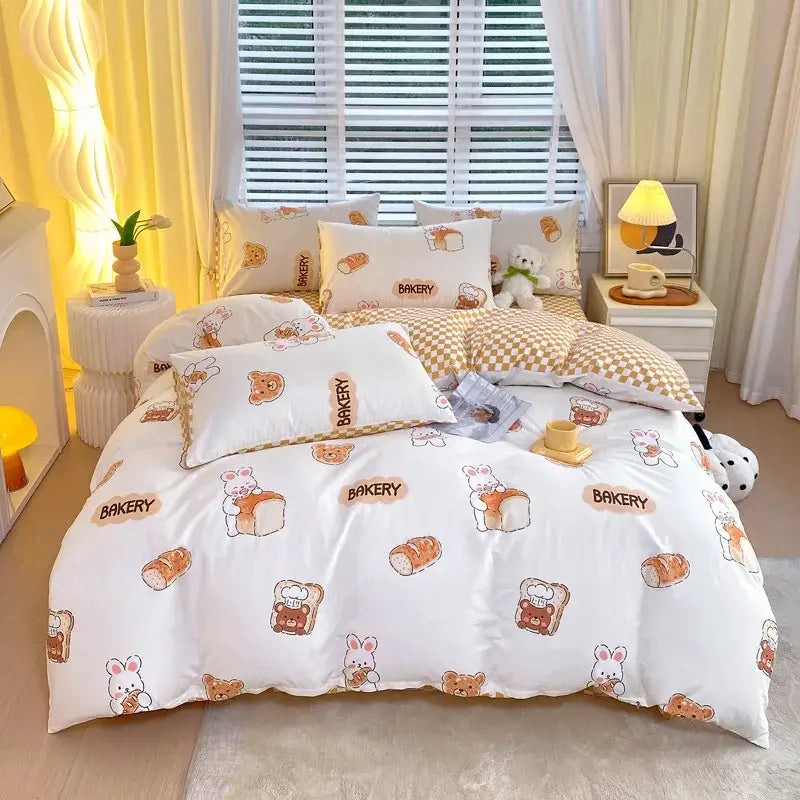 White bakery-themed cotton single duvet cover with bunnies bears and bread prints for decorbites cotton single bedding set