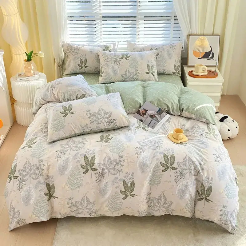Soft leaf-patterned cotton single duvet cover in muted green and gray tones by decorbites for bedroom bedding set