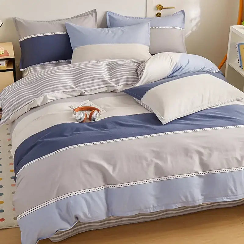Blue and gray striped cotton single duvet cover with dotted trim from decorbites cotton single duvet bedding set