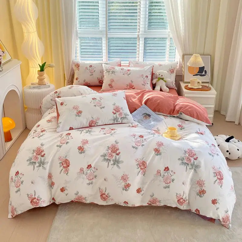 Floral-patterned white cotton single duvet cover with pink roses and coral comforter from decorbites cotton single bedding set