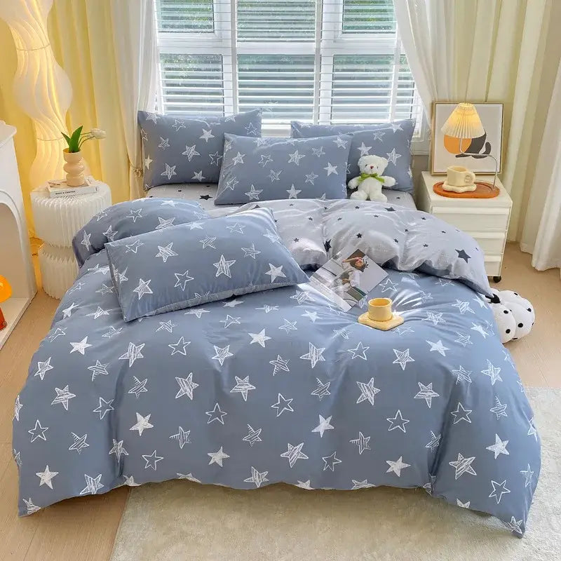 Blue star-patterned cotton single duvet cover from decorbites featuring blue and gray striped bedroom bedding set