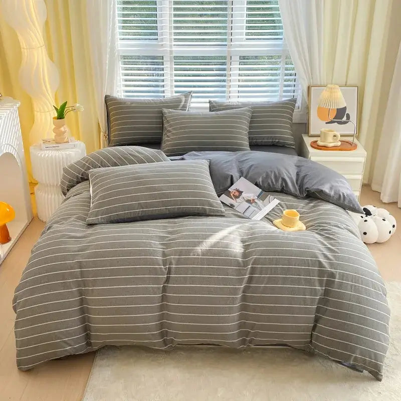 Blue and gray striped cotton single duvet cover set with matching pillows for bedroom decorbites cotton single duvet
