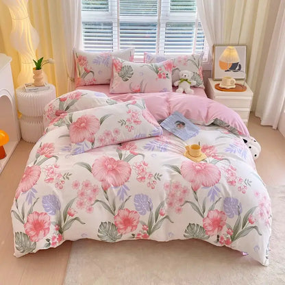 Blue and gray striped cotton single duvet cover with pink and lavender floral patterned bedding on white base decorbites cotton single duvet