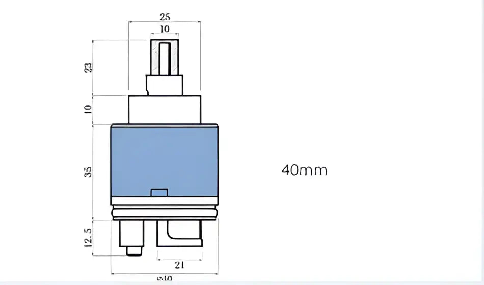 Blue and white 40mm ceramic faucet cartridge with metallic parts and precise dimensional markings for kitchen use