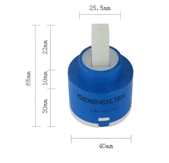 Blue and white ceramic cartridge faucet mixer with ceramic cartridge, white plastic stem, and silver metallic base