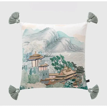White throw pillow case with delicate watercolor east asian architecture and gray tassels for living room decor