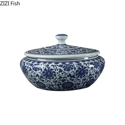 Blue and white porcelain floral ceramic tea caddy jar with lid for living room decor and tea storage
